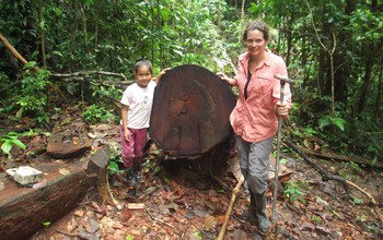 Scientist Crystal McMichael with a helper next to a downed tree